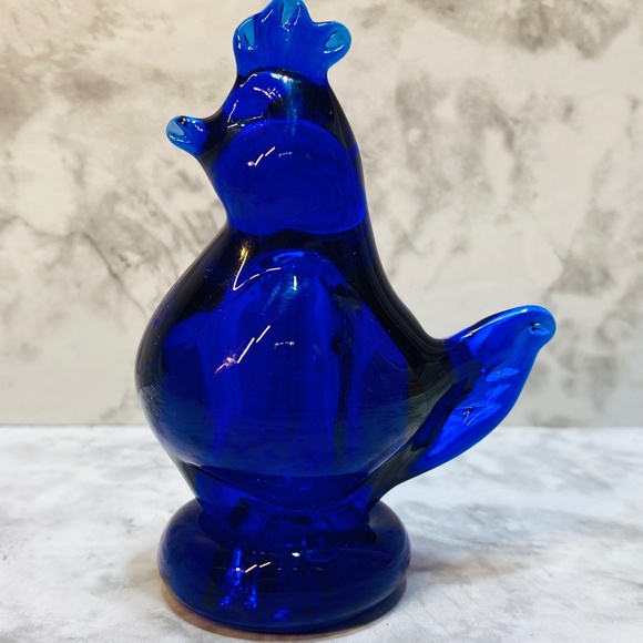Blue Chicken Rooster Of Happiness Glass Cobalt Blue Figurine Un-Marked - Picture 2 of 8
